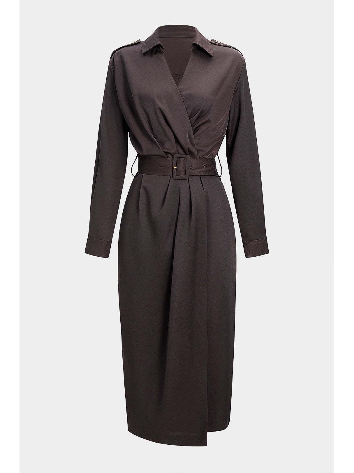 Elegant European Long Sleeve Waist-Cinched Shirt Dress for Women S темно-коричневого