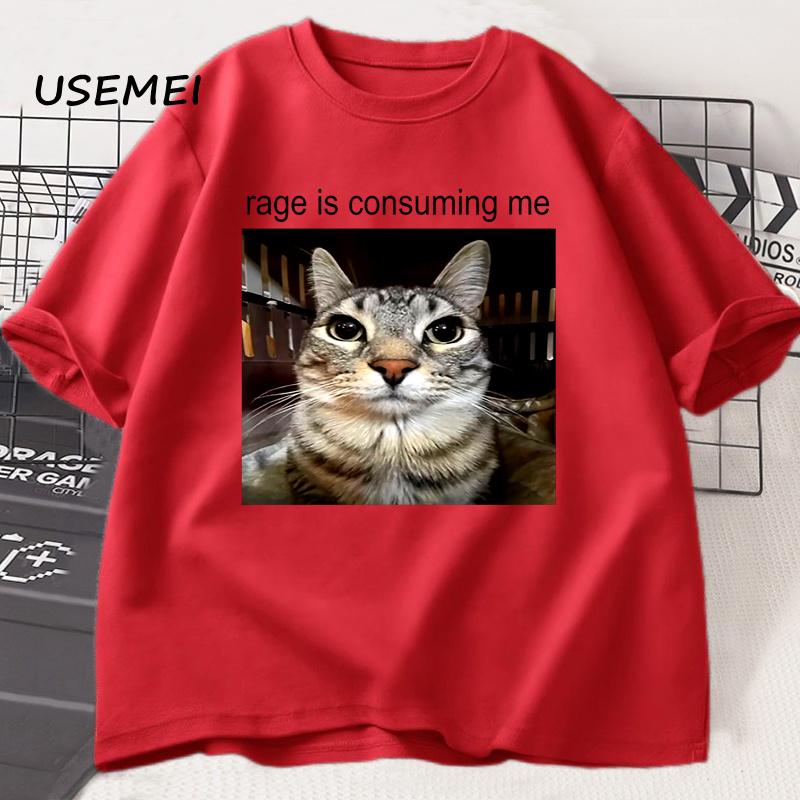 Rage Is Consuming Me Silly Staring Cat Meme Tee Shirt Casual Cotton Short Sleeve Tshirts Unisex Unisex Cat Lover T Shirt Oversized