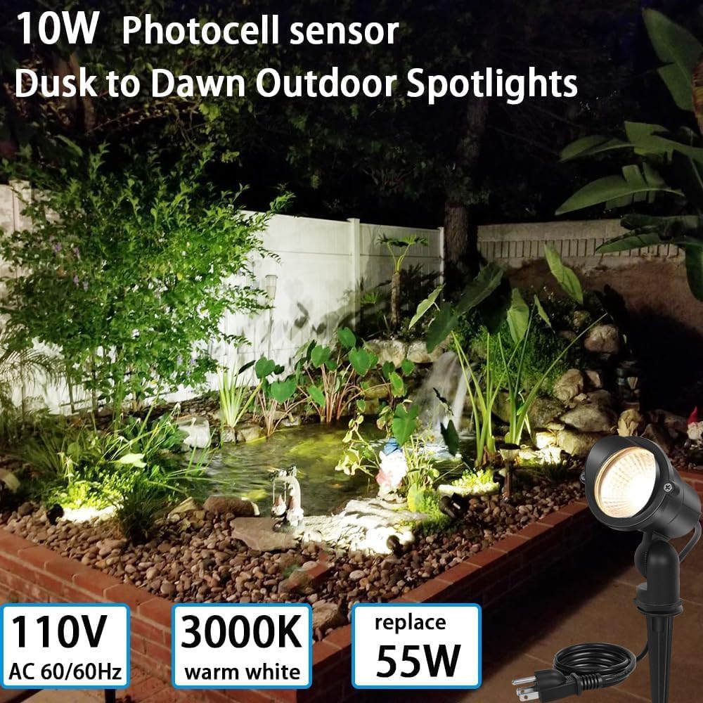 10W Dusk To Dawn Outdoor LED Spotlight Plug In with Photocell Sensor for House Flag Yard Tree Garden, 3000K 1000LM Warm White 120V Landscape Lighting