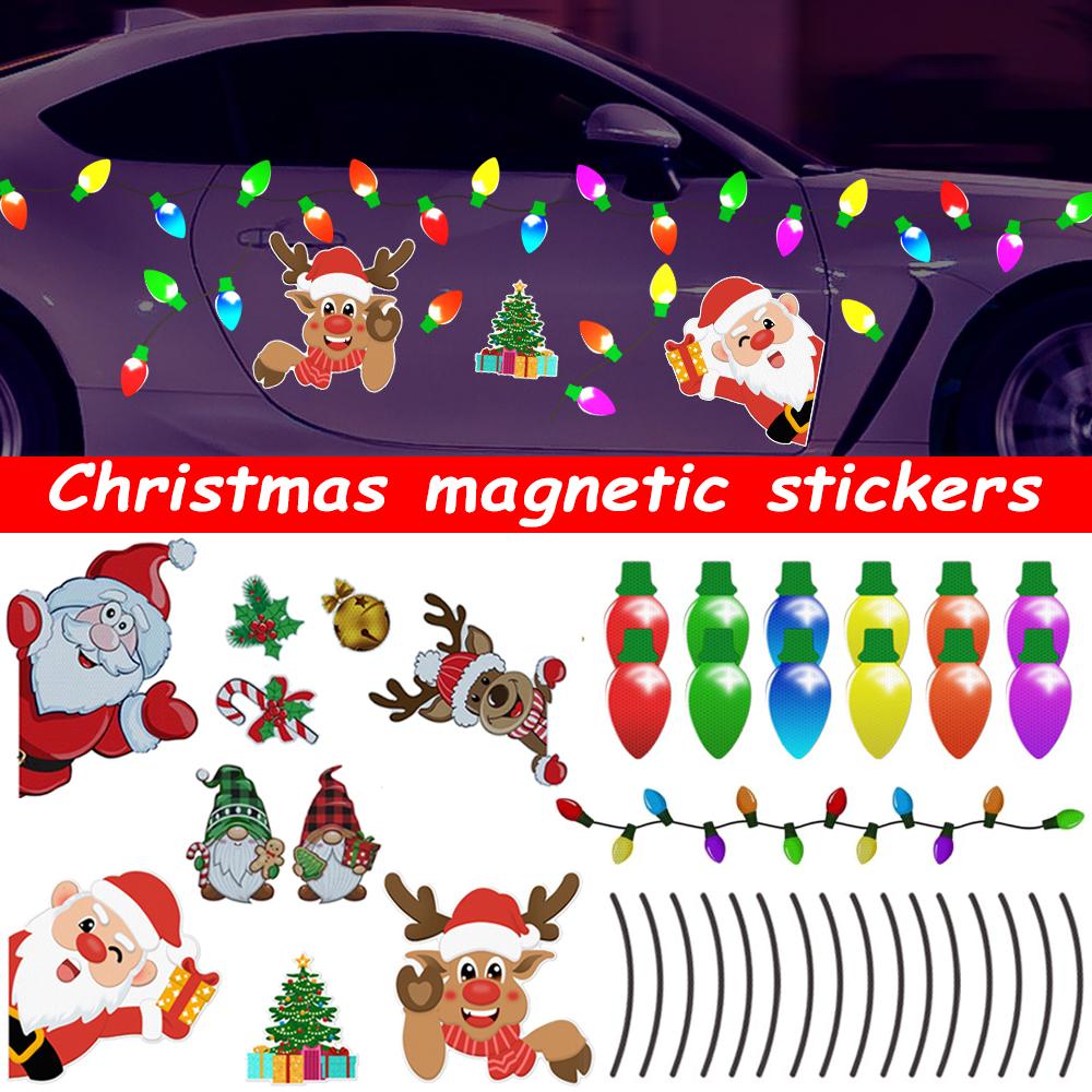 1Set Magnetic Car Reflective Christmas Stickers Cute Reindeer Santa Pattern Decor Decal Reusable Christmas Festive Car Ornament