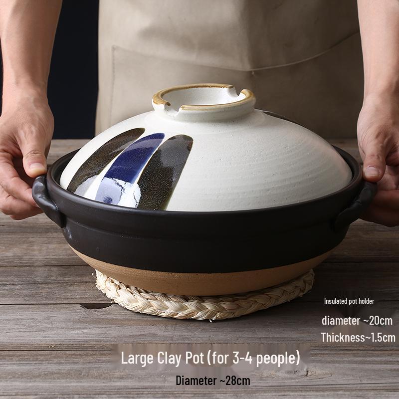 Japanse Keramische Kleipot: Multi-Use Stoofpot, Rijstkoker, Gas- en Inductiekookplaat - Kleine Maat Steen en Platte Pan voor Soepen.
