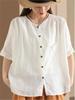 Johnature Women Vintage Shirts Tops Summer O-Neck Short Sleeve Blouses Solid Color Button Female Shirts