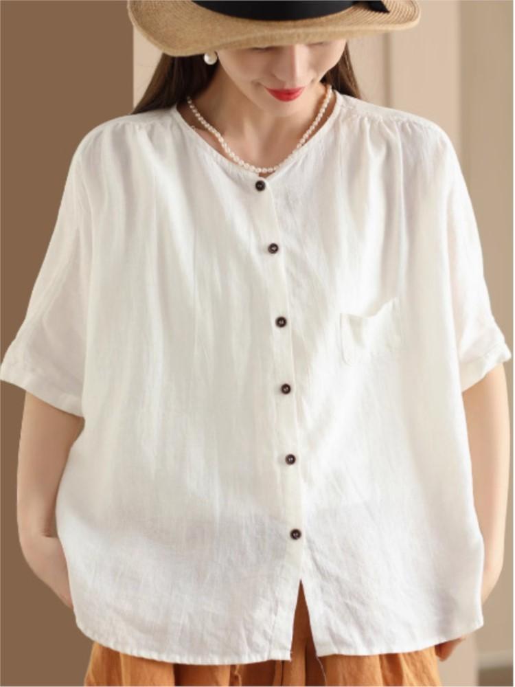 Johnature Women Vintage Shirts Tops Summer O-Neck Short Sleeve Blouses Solid Color Button Female Shirts