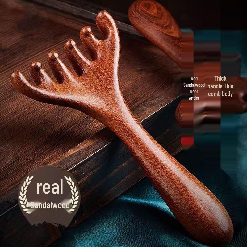Sandalwood Dragon & Phoenix Six-Claw Massage Comb with Deer Antler Scalp Scratcher for Neck.