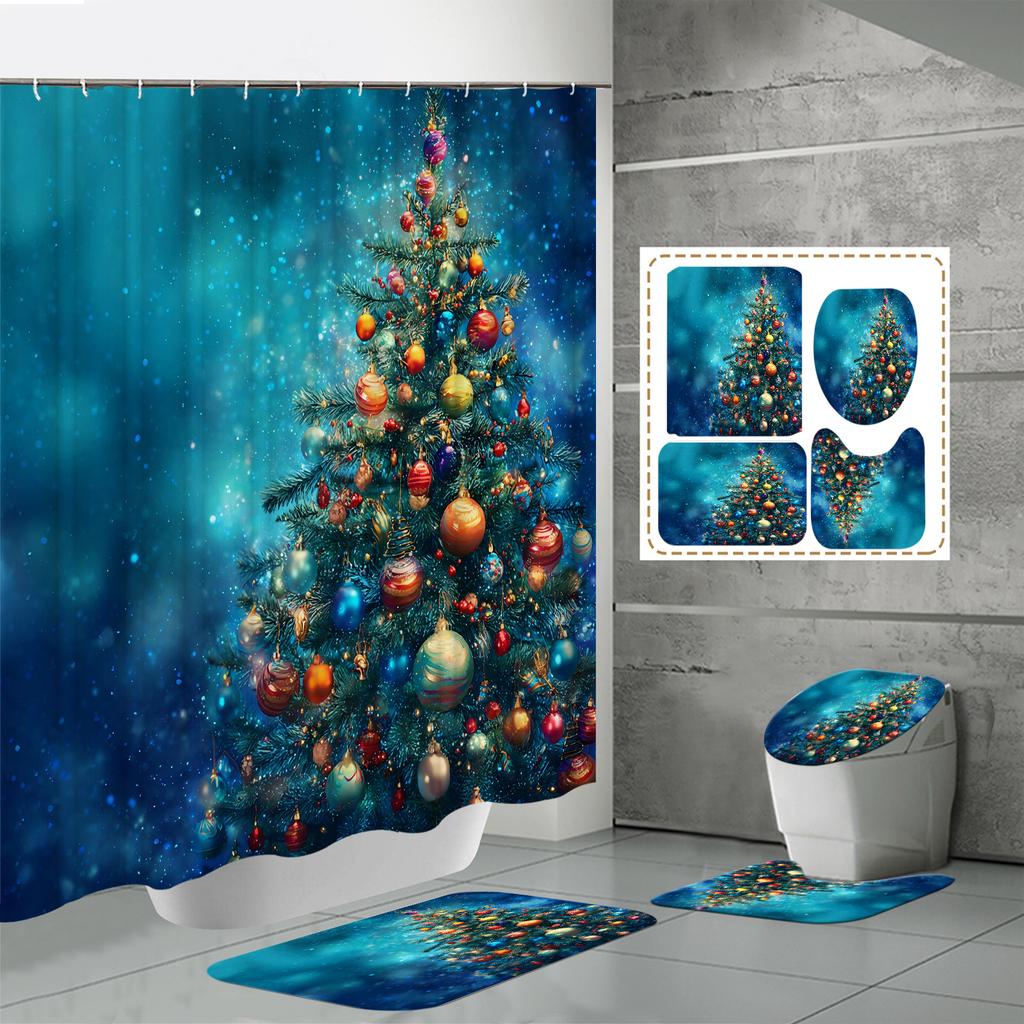 4PCS Shower Curtain Sets With Shower Curtain And Rugs Toilet Lid Rug U Shape Mat And Bath Mat Bathroom Set With 12 Hooks