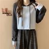 Real shot color matching hooded small short cotton sweater women's thin design long-sleeved top