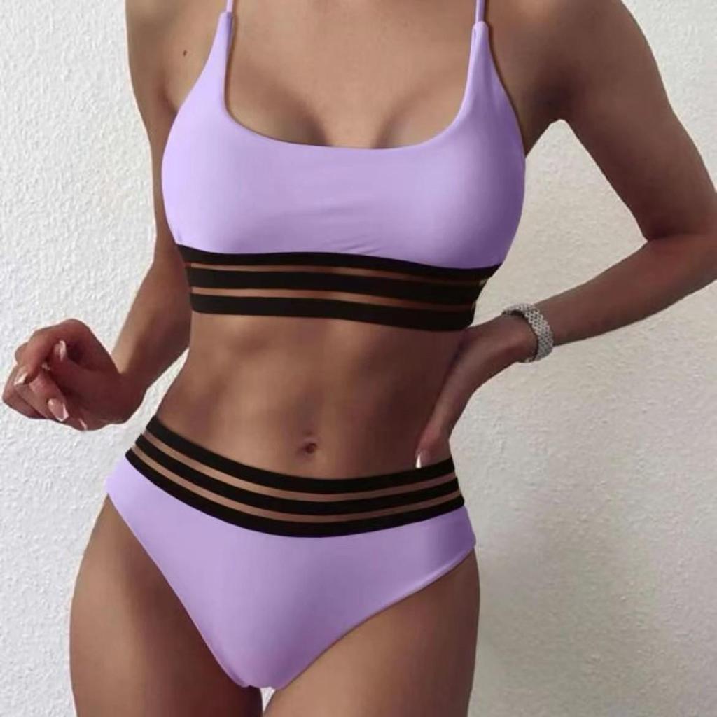 New High-Waist European & American Solid Color Lace Bikini Swimsuit