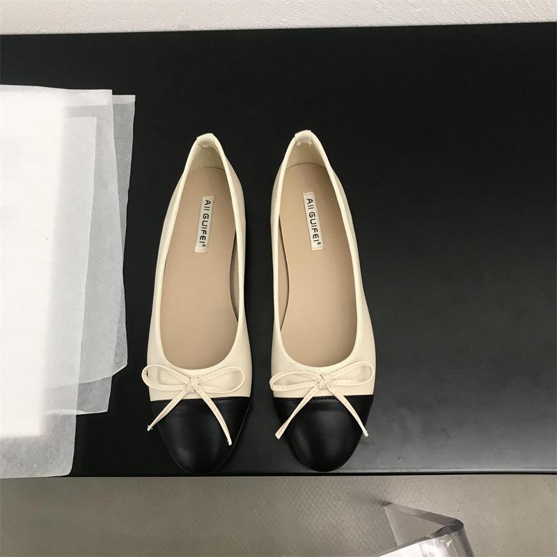 Mode Damen Leder Ballerinas Modische Runde Zehenpartie Lässige Ballerinas Schleife Ballettschuh Weicher Mokassin mit Beigen Lolita Mary Janes Schuhen