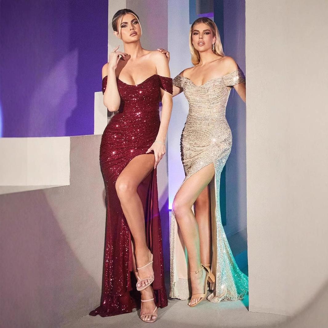 

2024 Sequined One-Shoulder Slit Dress: Party & Casual Fashion for Women Large маджента