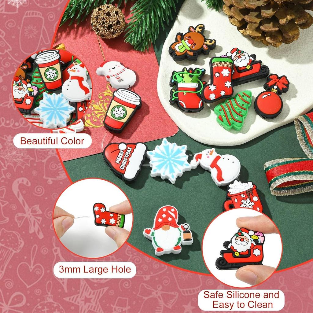 LiQunSweet 15 Pcs 15 Styles Christmas Theme Silicone Beads Santa Claus Tree Socks Snowman Snowflake Beads for DIY Jewelry Keychain Pen Craft