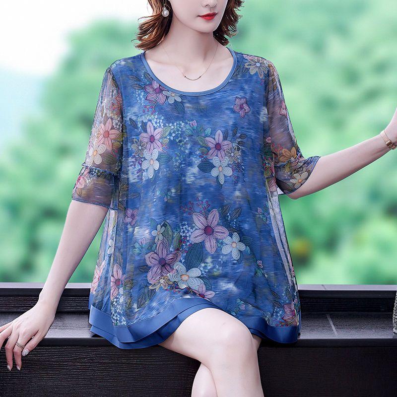 Printing T-Shirts Round Neck Floral Patchwork Short Sleeve Leisure Gauze Loose Thin Summer Korean Casual Women's Clothing 2023