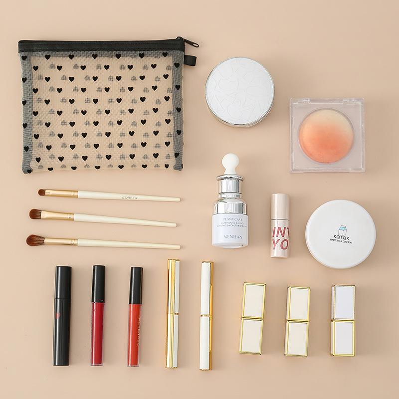 Neue herzförmige Mesh-Make-up-Tasche Tragbare Lippenstift-Make-up-Pinsel-Aufbewahrungstasche Kompaktes visuelles Mesh-Aufbewahrungsbeutel