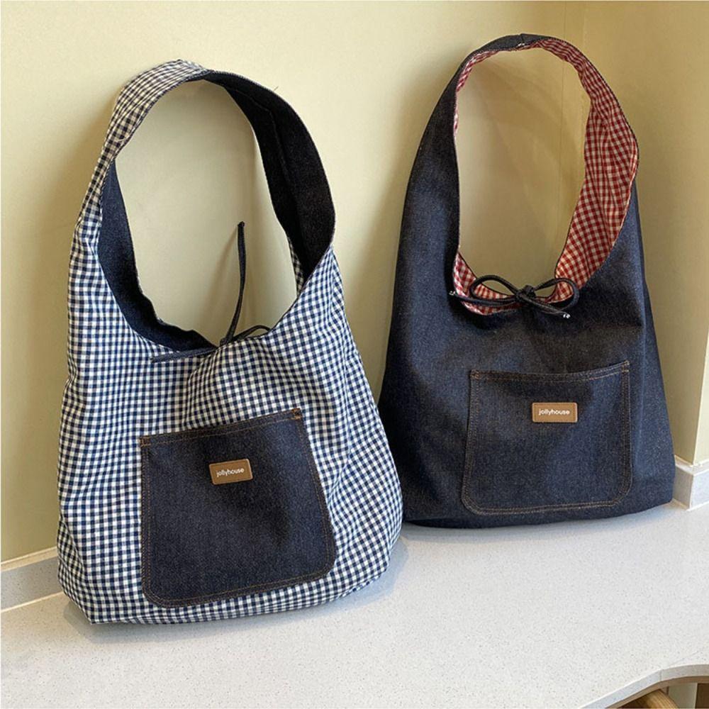Korean Style Double Sided Plaid Denim Vest Bag Cloth Bohemian Messenger Bag  Women