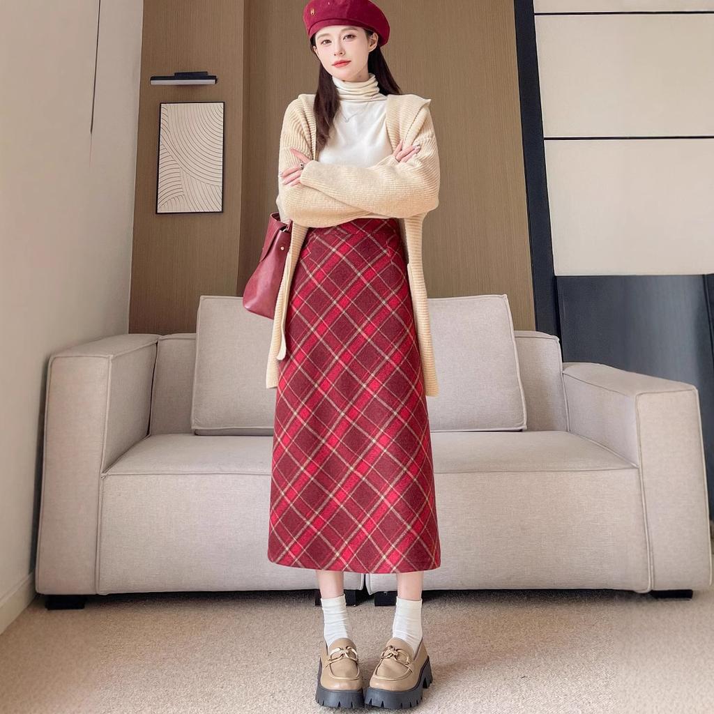 Woolen Hip Skirt Autumn and Winter New Long Skirt for Women All-match High Waist Slim A-line Retro Oblique Plaid Plaid Skirt