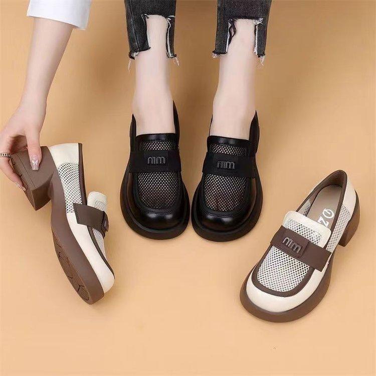 British style breathable mesh women's models 2025 spring new hollow loafers small leather shoes square heel one pedal single shoes