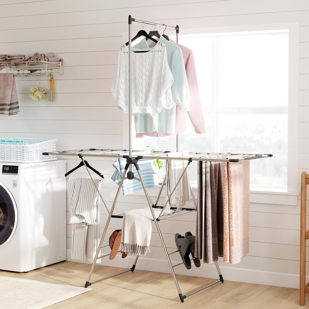 Foldable Clothes Airer, Standing Dryer with Adjustable Wings and Shoe Holders. Stainless Steel. 156.5 x 68 x 192 cm. Silver