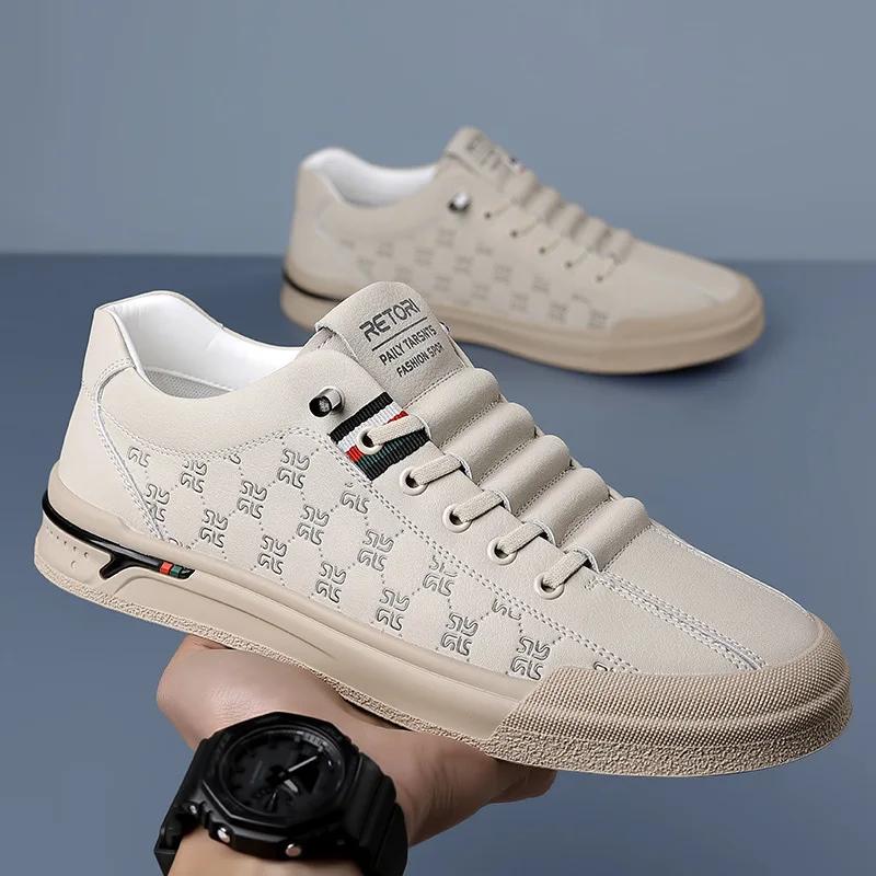 Fashion Spring New Shoes for Men Genuine Leather Casual Shoes Fashion Knurling Flat Skateboard Shoes Youth Lace-up Sneakers