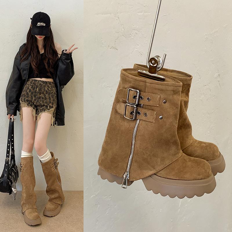 Retro brown platform short boots women's autumn and winter new British style heightening small locomotive boots sweet cool knight