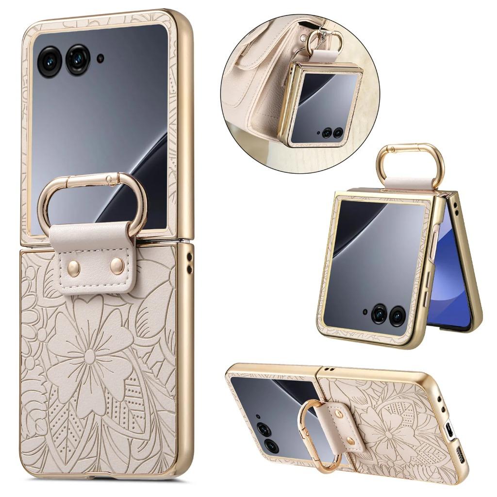 Coque de téléphone anti-chute à motif floral en relief pour Motorola Razr 70 60 50 Ultra avec boucle anneau Housse de protection antichoc plaquée