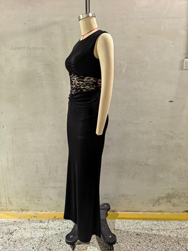 European-Style Spring Fashion Lace Patchwork Backless Sleeveless Long Dress
