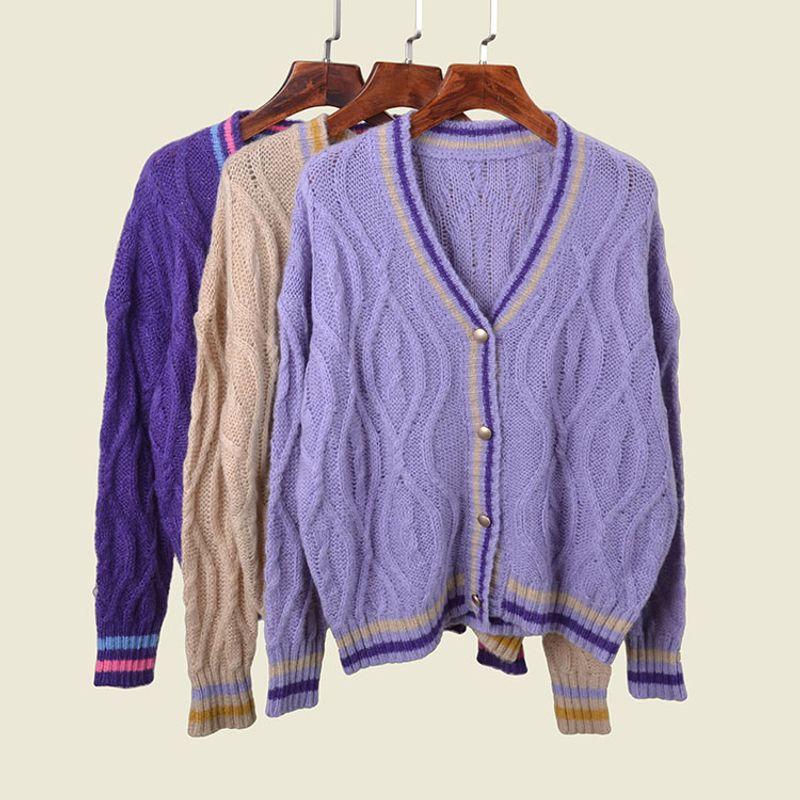 Idle Style Contrast Color V-neck Metal Buckle Knitted Jacket Women's Cable Stitch Korean Style Loose-Fitting Long Sleeve Sweater Outer Wear Cardigan