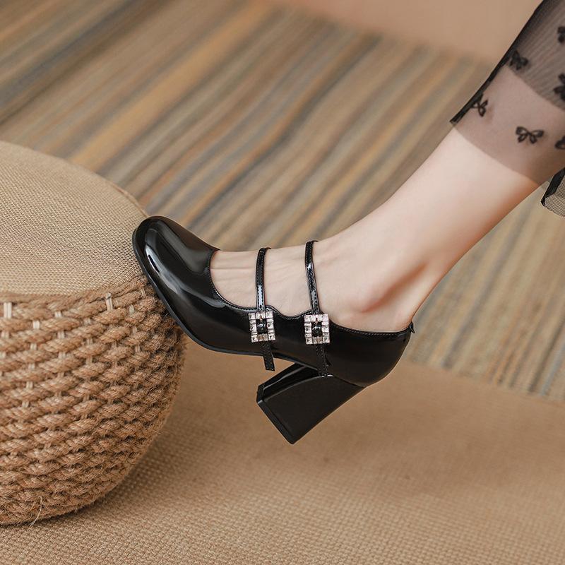2025 early spring new shoes black JK college style with skirt square diamond high heels 8cm not tired feet thick heel single shoes