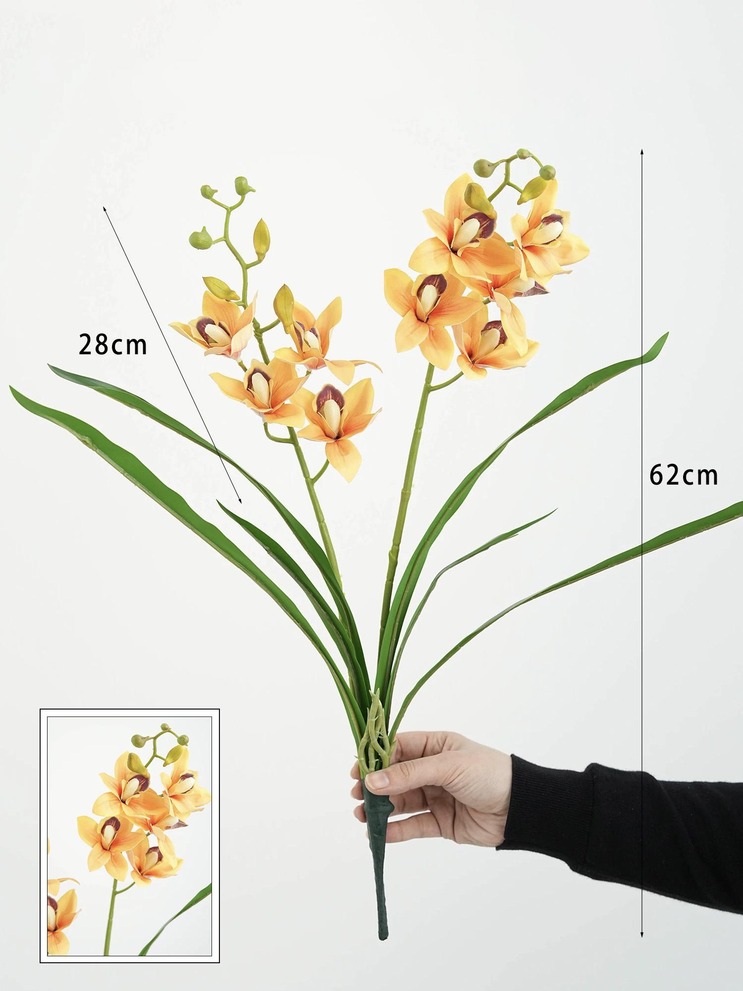 

Искусственные цветы орхидеи цимбидиум с эффектом живого прикосновения, стебель с листьями, 2 ветки для украшения дома и свадьбы жёлтый