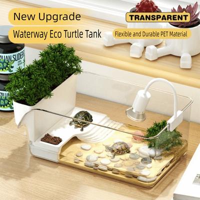 Transparent Turtle Tank with Basking Area Ecological Landscaping Reptile Terrarium Habitat Sun Climbing Crab Tank