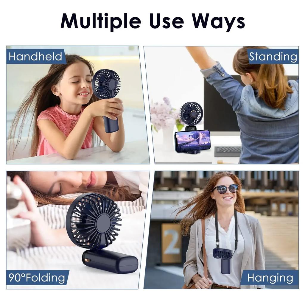 5000mAh Handheld Mini Wireless USB Rechargeable Portable Digital Display Phone Holder Fan 5 Speed Foldable Neck Hanging Fans