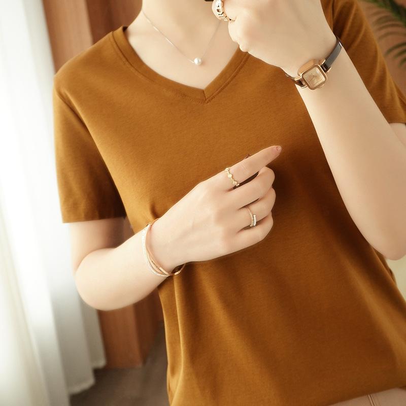 V-neck T-shirt for Women Mercerized Cotton T-shirt for Cotton Thread Short-sleeved Summer Updated Slim Versatile Half-sleeved Top