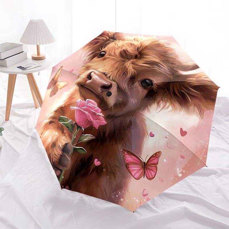 

1pc Sweet Cow with Rose and Butterflies Umbrella with Plastic Handle,Suitable for All Seasons Home Travel Outdoor Umbrellaptys31005