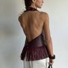 Dámský crop top s třásněmi z umělé kůže, na šňůrku za krk, bez zad, bez rukávů, na večer s třásněmi, sexy klubové, rave, koncertní oblečení