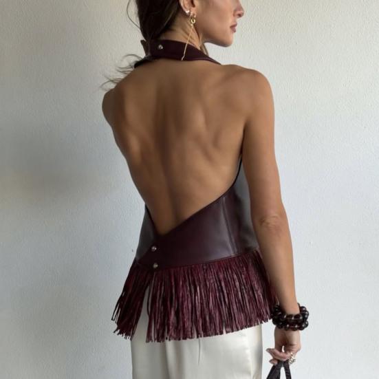 Dámský crop top s třásněmi z umělé kůže, na šňůrku za krk, bez zad, bez rukávů, na večer s třásněmi, sexy klubové, rave, koncertní oblečení