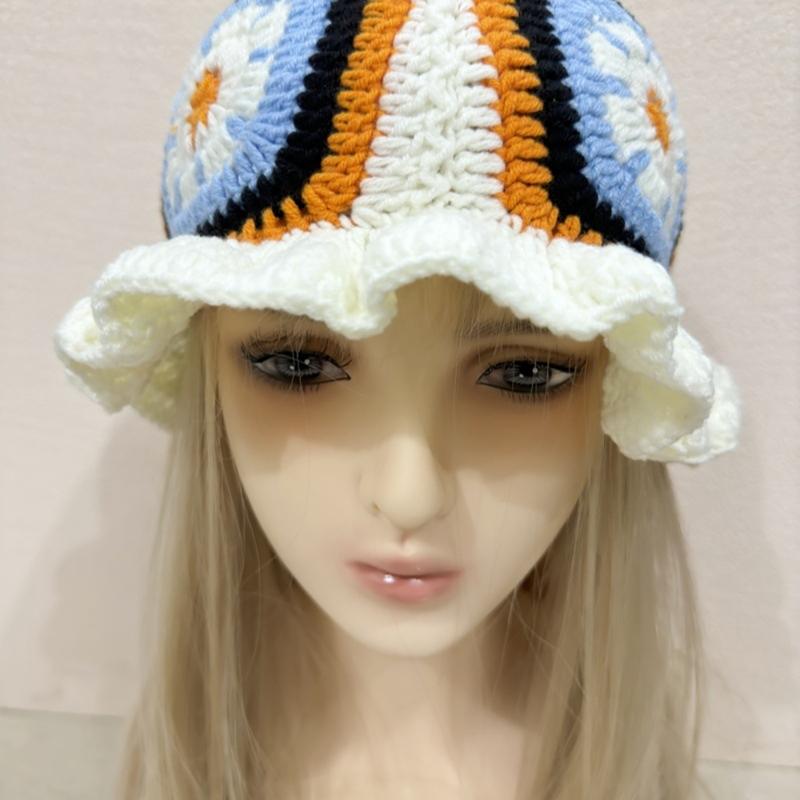 Hand Crochet Bucket Hat with Ruffled Edge Warm Fisherman Hat Ethnic Flower Hat Headwear for Women Winter Elegances