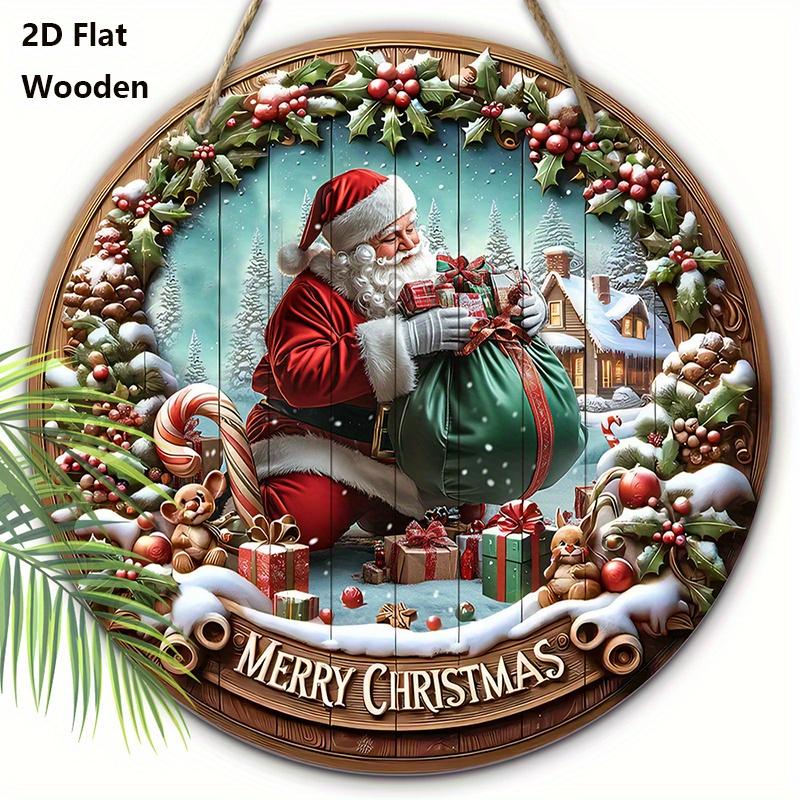 Rustic Christmas Wooden Sign with Santa Claus Pattern - Merry Christmas Round Sign for Front Door, Wall Hanging Decor - Ideal Christmas Decoration