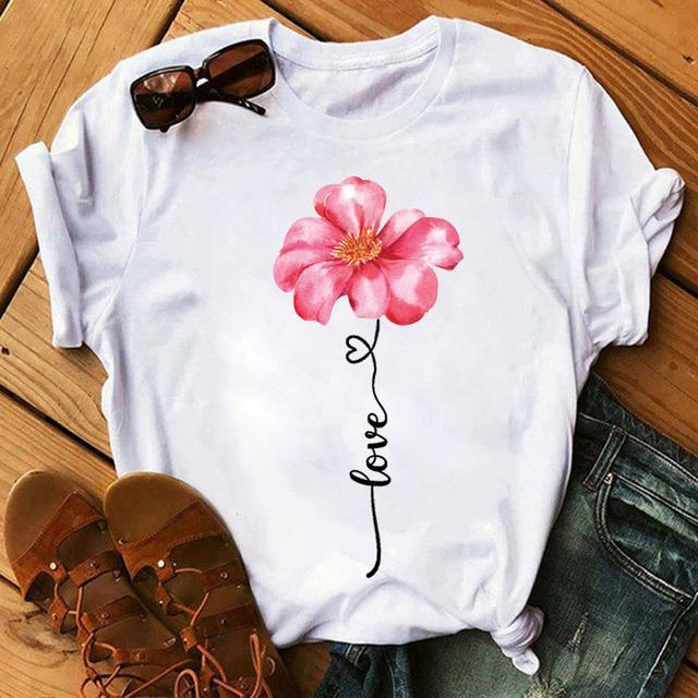 New Fashion Women Black T Shirt Friends Gift Flower Love Print Cute Tee Shirt Female Harajuku Tops Woman Short Sleeve T -Shirts