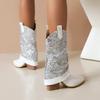 Sequin Cloth Western Boots Women Glitter Silver Gold Chunky High Heels Mid-calf Cowboy Boots Cowgirl Shoes