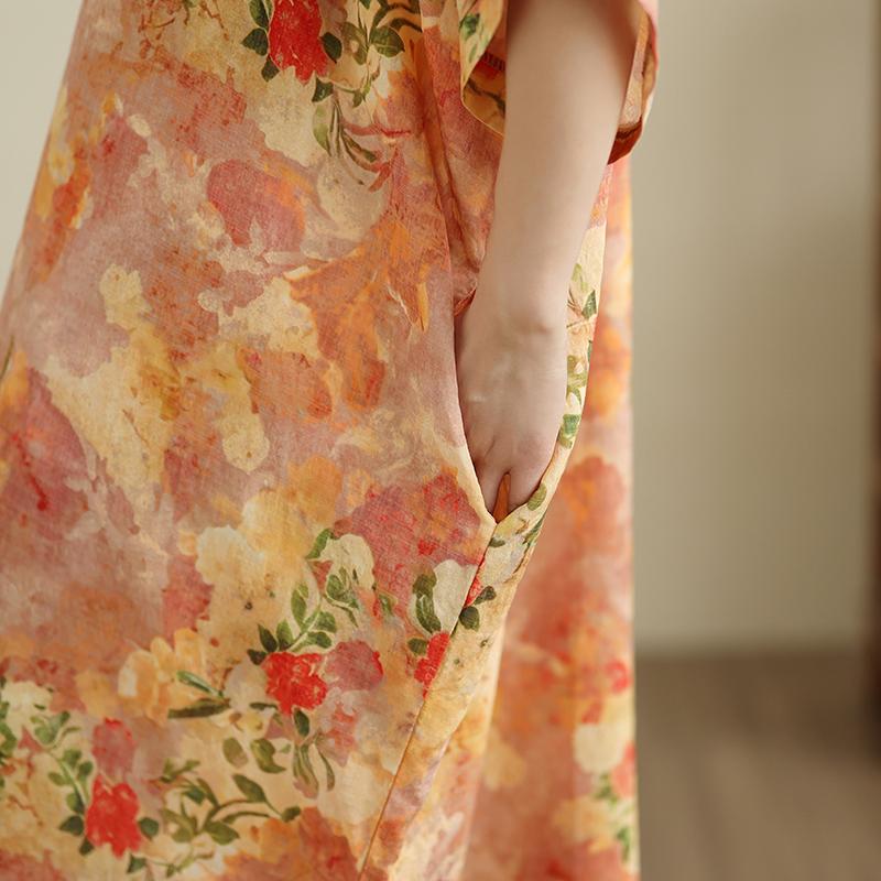 DIMANAF 2025 Plus Size Summer Women Printing Long Dress Short Sleeve Vintage Casual Linen V-Neck Basic Loose Dress