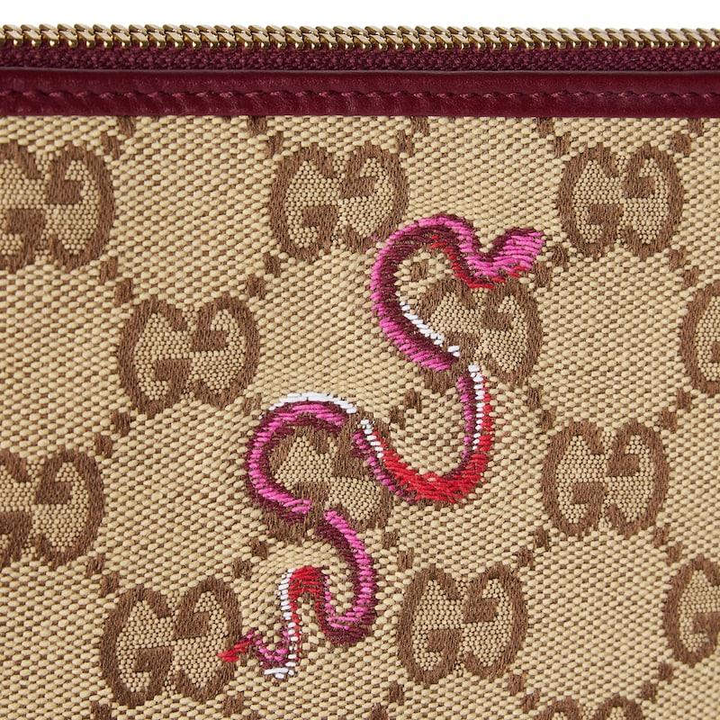 Gucci GG Supreme Canvas Snake Embroidered Wristlet Pouch With Leather Trim For Unisex Daily Use