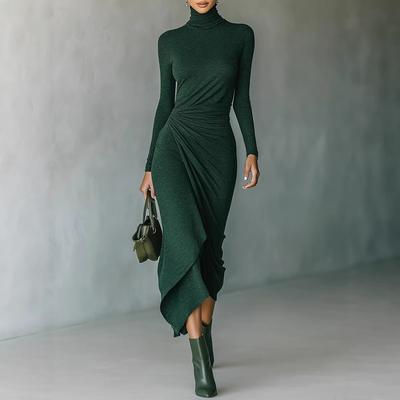European and American New Autumn and Winter Temperament Elegant Turtleneck Waist Irregular Wrap Dress Women