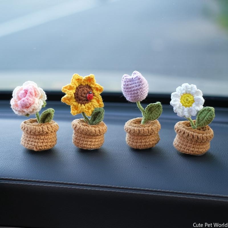 Mini Crochet Flower Potted Tulip Sunflower Plum Blossom Artificial Flower Handmade Desk Decor Day Gift Wedding Guest Gift