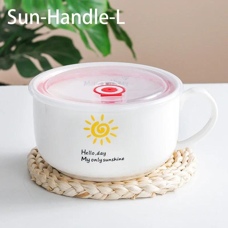 Japanese Cartoon Ceramic Instant Noodle Bowl Household with Handle Leakproof Noodles Soup Bowl School Student Tableware