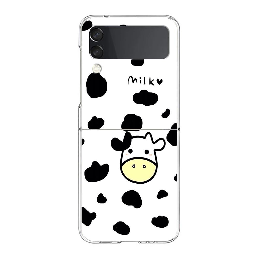 Transparent Phone Case For Samsung Galaxy Z Flip 3 4 5 6 7 Hard Folding PC Z Flip3 Flip4 Cover Dairy Cattle Cow Speckle Cute
