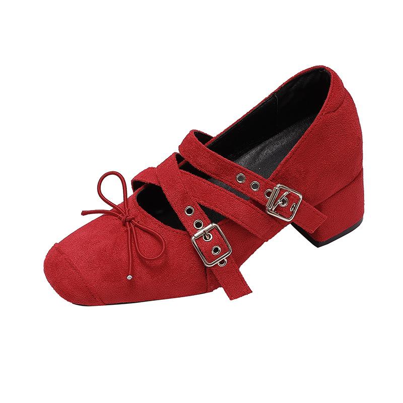 French bow square head Mary Jane women's shoes 2025 new retro shallow rivet thick high heel single shoes