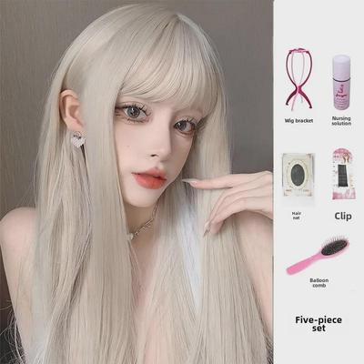 Platinum Two-Tone Long Straight Lolita Wig with Ear-Hanging Color.