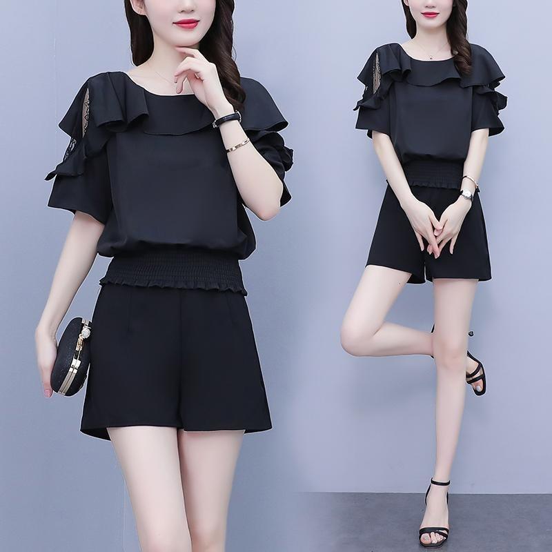 Women's Summer Suit Waistband Lace Openwork Off The Shoulder Short Sleeve Tops Wide Leg Pants 2 Two Piece Set for Women
