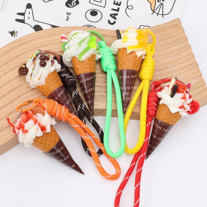 Simulation Ice Cream Cone Keychain Braided Lanyard Realistic Design Backpack Pendant Gift For Girls