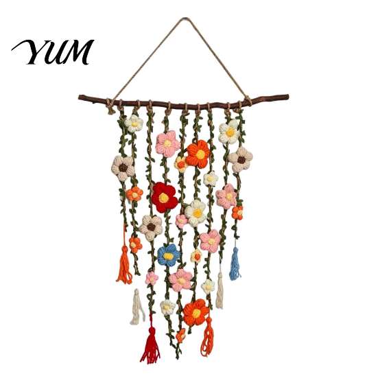 Easy to Install Wall Ornaments Bohemian Crochet Flower Hanging Tapestry, Handmade Tassels Decor Textile Decoration with Wooden Stick, Living