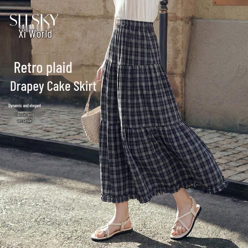 SLLSKY Women s Retro Plaid High-Waist A-Line Long Skirt XL