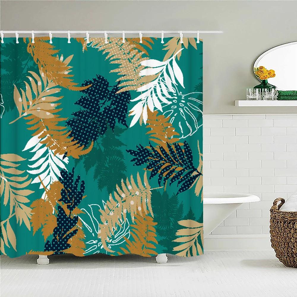 Tropical Plant Leaves Bath Curtain Waterproof Fabric Shower Curtains Colorful Palm Leaf Print Bathtub Screen for Bathroom Decor